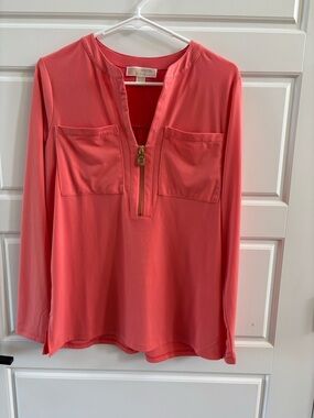 Michael Kors Coral Zip Front Blouse Long Sleeve Size Medium